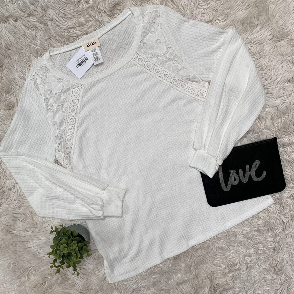 BiBi Waffle Lace Shoulder Top 💗 White